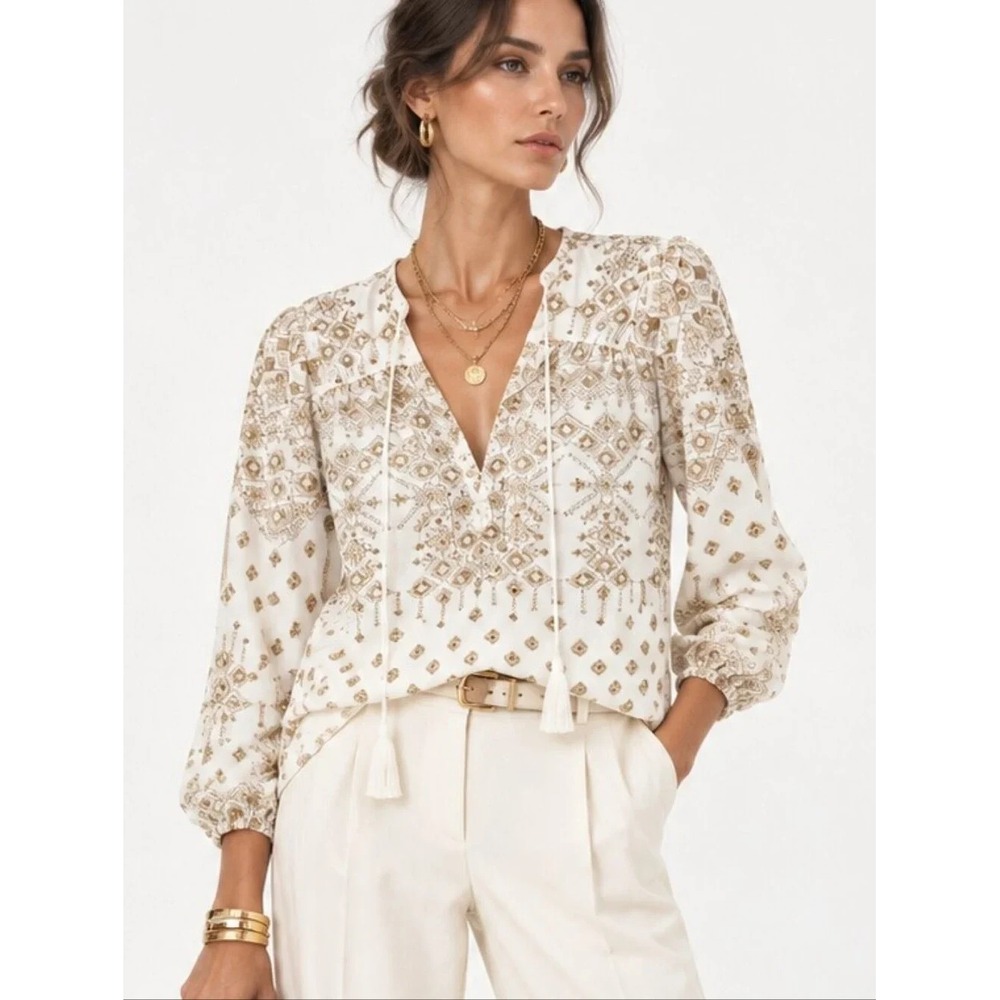 Hale Bob Embroidered Top White Gold Peasant Boho V Neck Tasseled Blouse Size XL